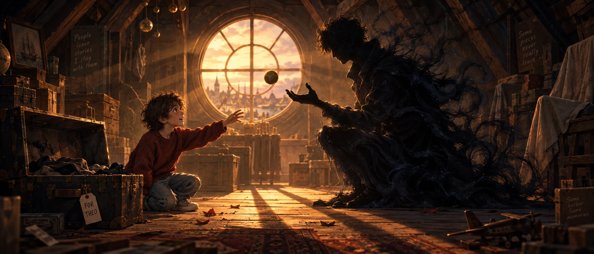 Finished cinematic image of the child and shadow reaching toward each other in the attic