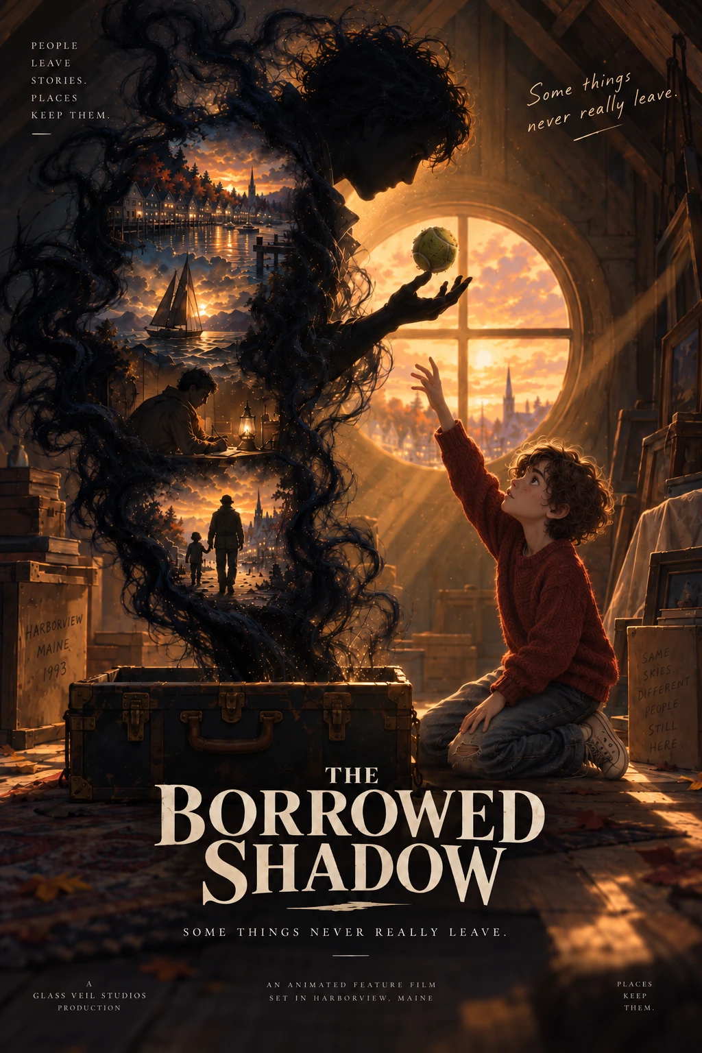 The Borrowed Shadow poster: a boy in a red sweater reaches for a tennis ball held by a shadow rising from an open trunk in the attic