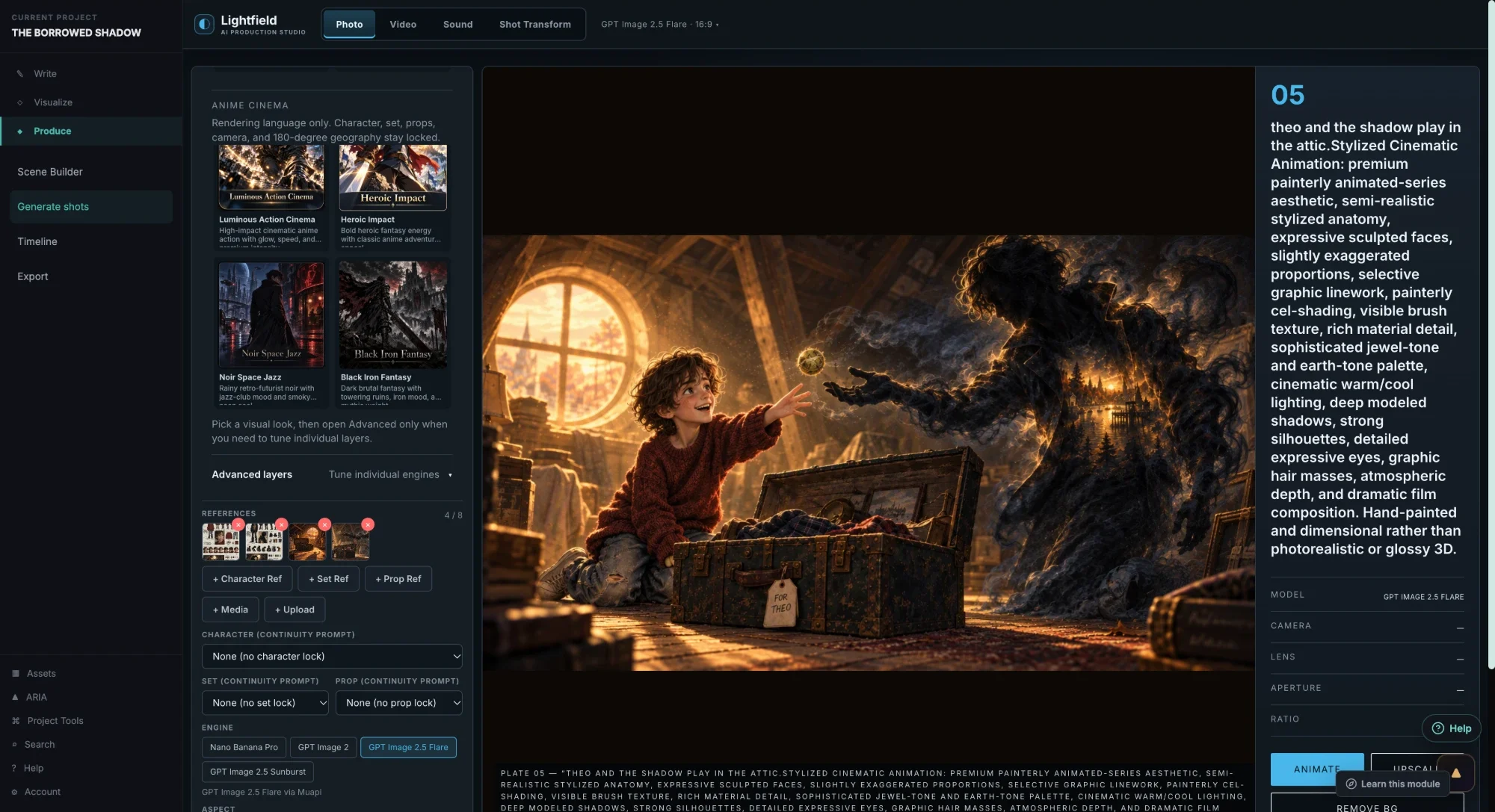 The Lightfield studio in IncitingIncident: an Anime Cinema look applied to Theo and the shadow in the attic, with references, continuity locks, and engine controls