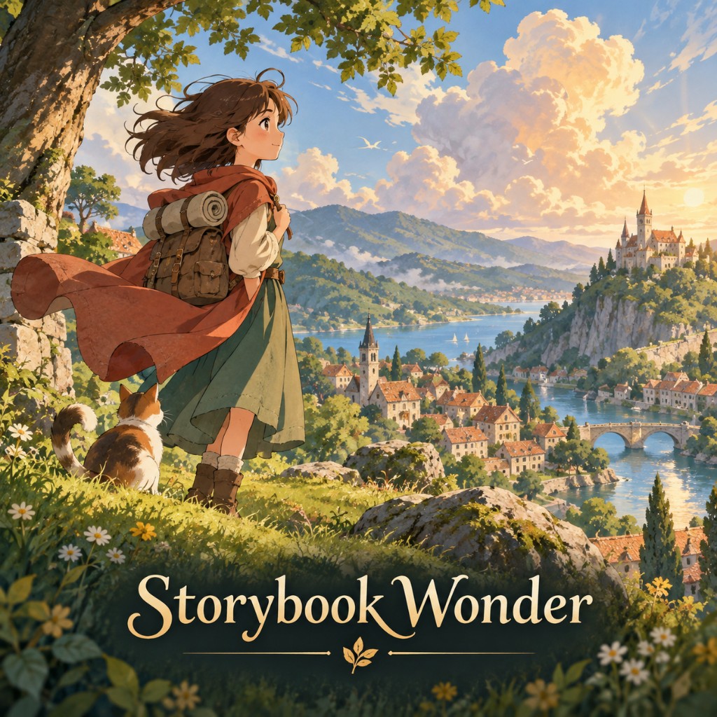 A young traveler looking out over a sunlit fantasy town